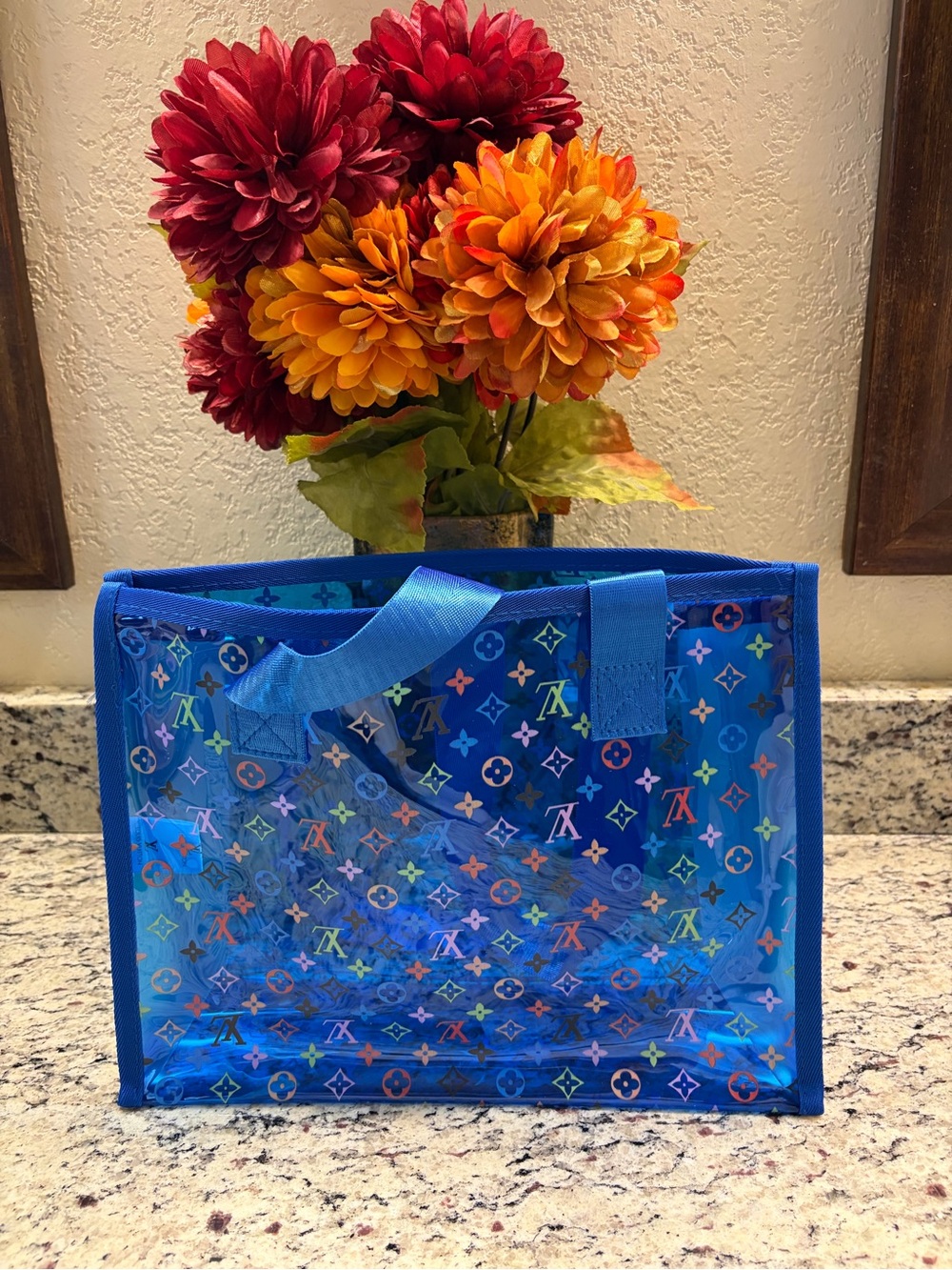 Blue Transparent Tote with Multicolor Monogram Accents